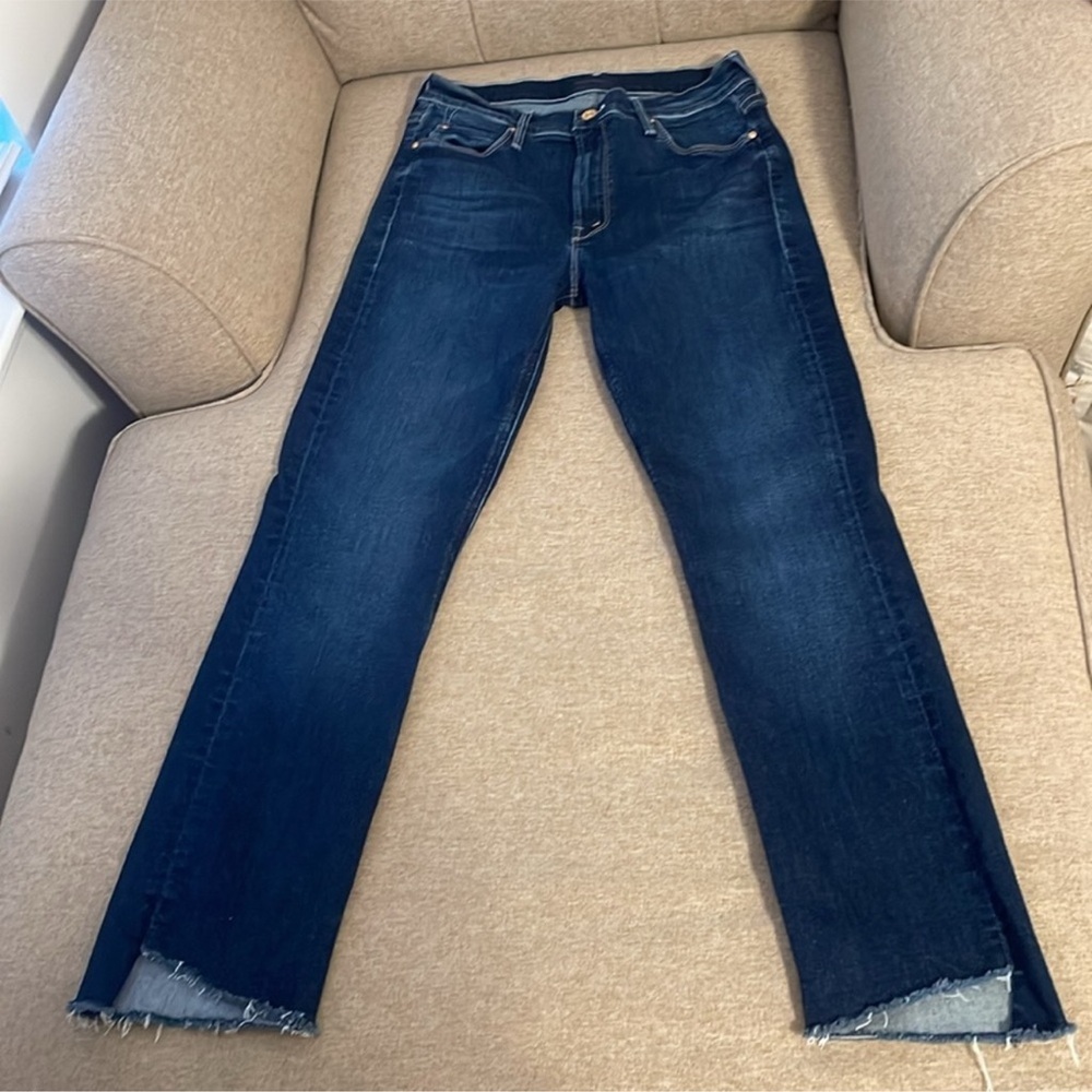 MOTHER Dark Blue Straight-Leg Jeans with Raw Hem